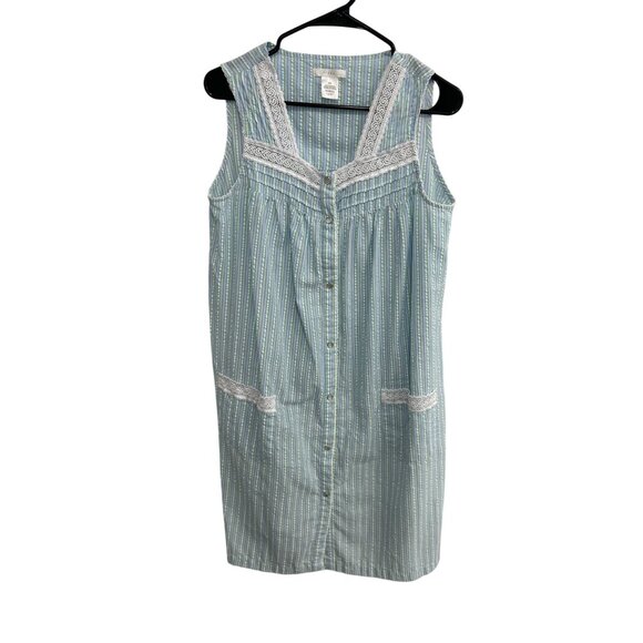 Pink K Striped Seersucker Snap Front Nightgown Blue Green Sz Medium Cottagecore - Picture 1 of 9